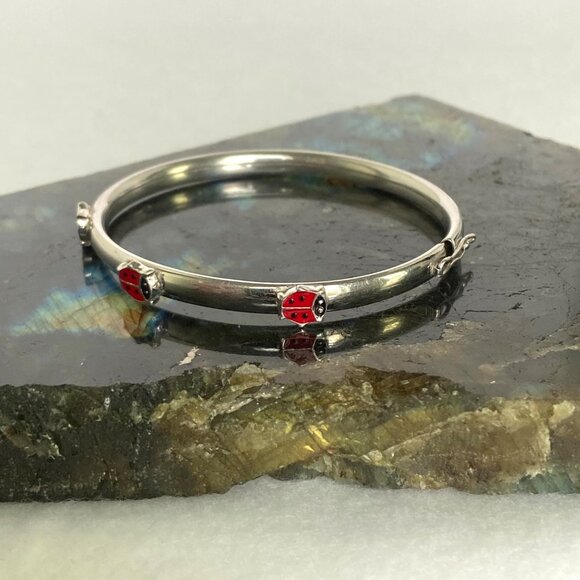 Sterling Silver 925 Youth XS Women Enamel Ladybug Oval Bangle Bracelet Sz 5.75" - Picture 12 of 16